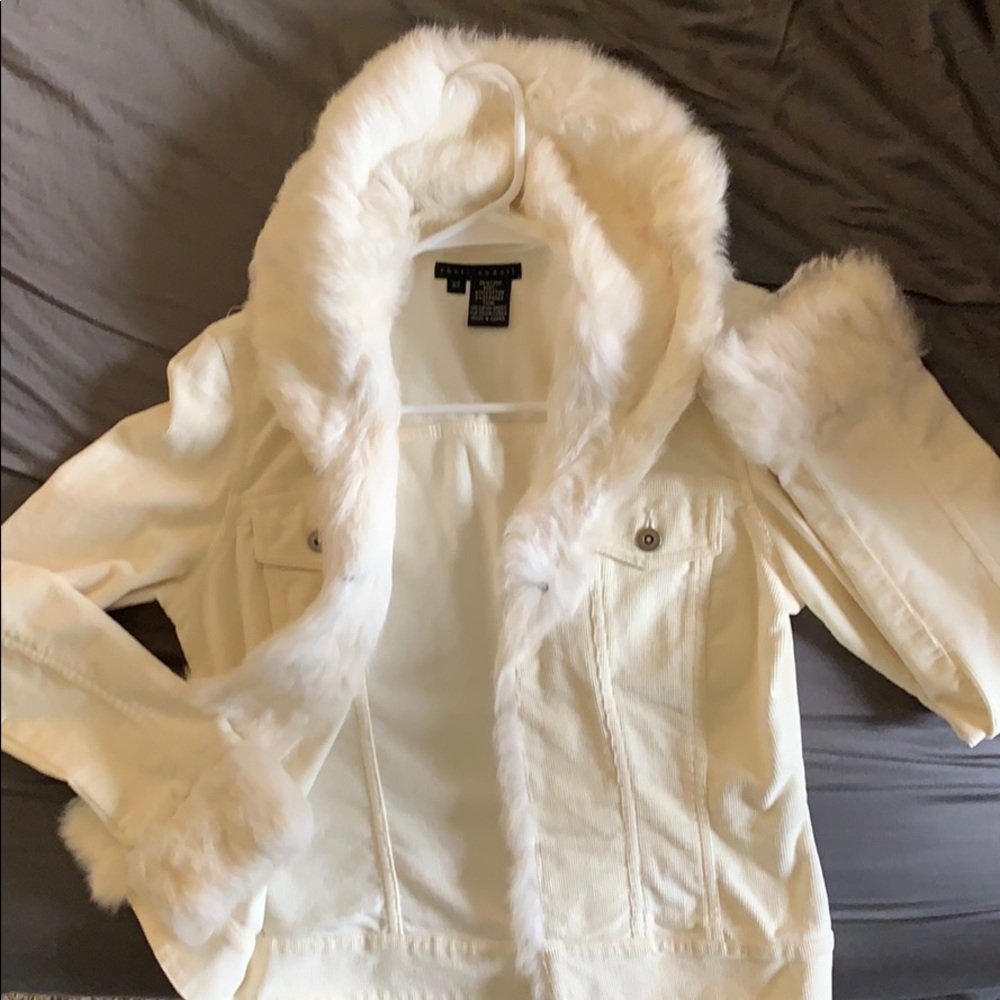 Sheri Bodell corduroy jacket with white rabbit fur